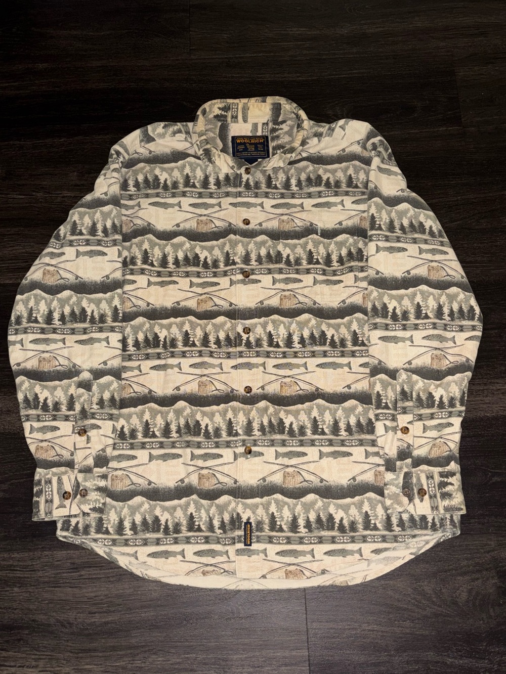 Woolrich Mens XL Long Sleeve Shirt Flannel Cotton Fishing Print Button Down